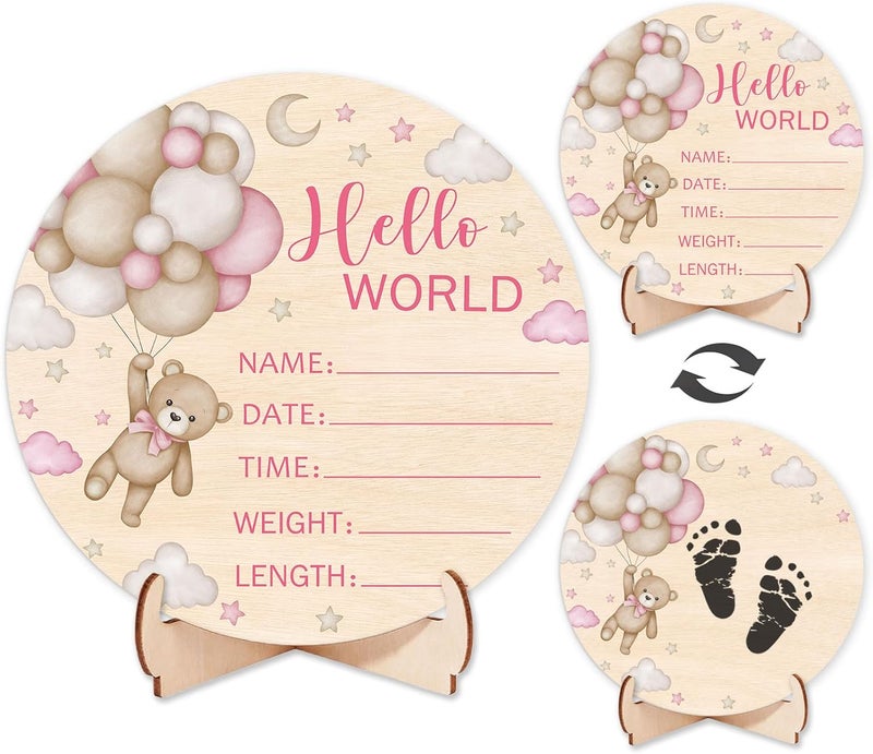 Andrain Double-Sided Wooden Newborn Birth Sign, Pink Bear Baby Announcement Sign, Girl Bear Hello World Name Sign for Hospital, Gift for New Mom Baby Shower, Photography Prop - Image 1